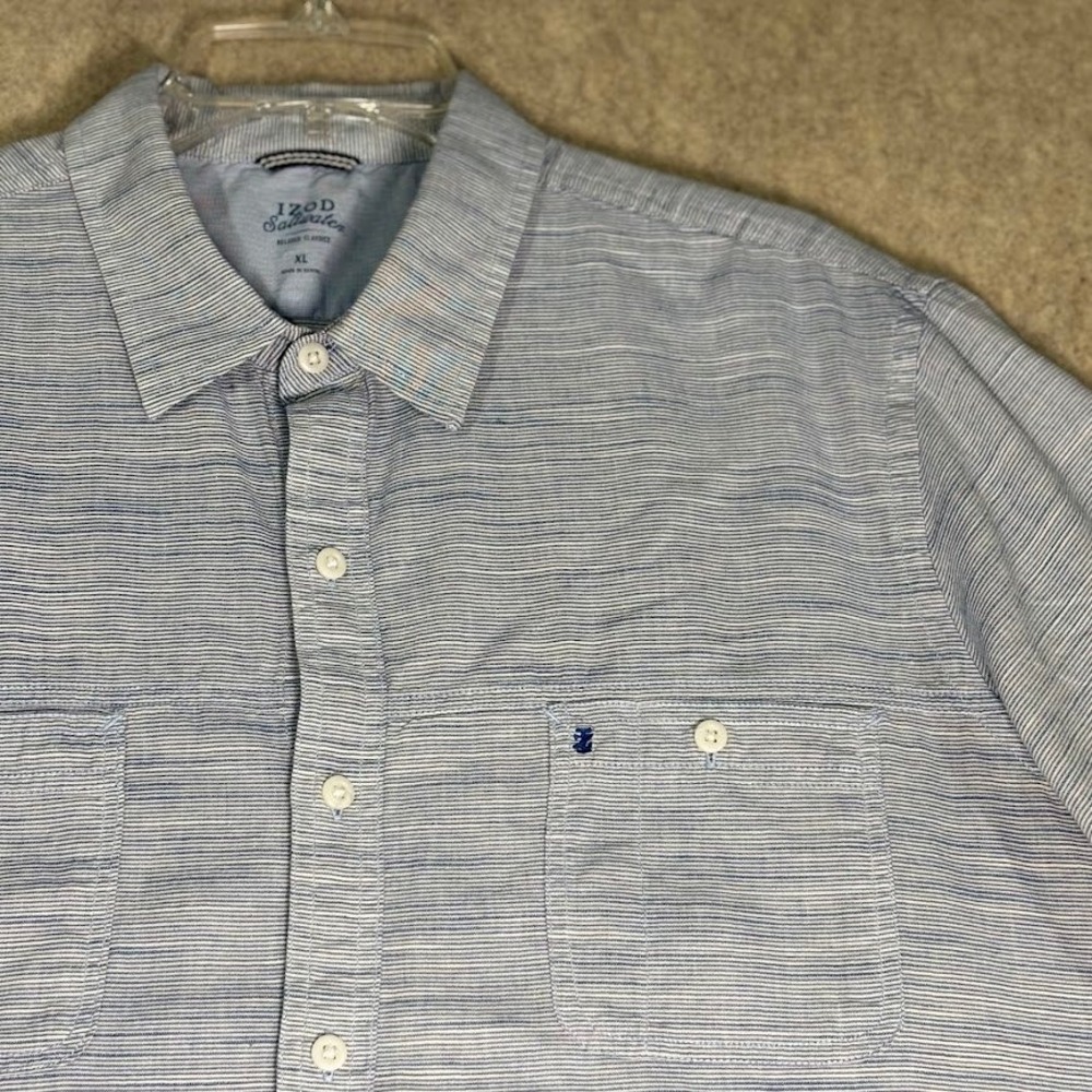 IZOD Saltwater Shirt Mens XL Blue Cotton Striped Short Sleeve Casual Coastal XL - Picture 7 of 8